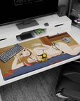 Flirty blonde anime girl lounging on bed, peace sign, gold-flower bikini desk pad 40x20 inches.