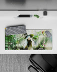 Cozy moss green and gold star anime girl mouse pad 28x12 inches with warm lantern glow.