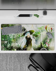 32x16 inches anime girl mouse pad in mossy greens and gold stars, cozy lantern glow, soft sunbeams.