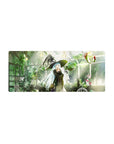Anime girl mouse pad 28x12 inches with witch in greenhouse, black cat, plants, and spellbook.
