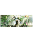 32x12 inches anime girl mouse pad with witch in greenhouse, black cat, star hat, plants and spellbook.