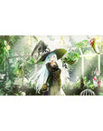 Anime witch girl and black cat greenhouse desk pad, gold stars and spellbook, 40x20 inches.