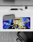 28x12 inches mouse pad in midnight blue with starry flecks, gold accents, and a calm heroic vibe.