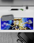 Midnight-blue anime girl mouse pad 32x12 inches with navy cloak, gold shine, and starry glow.