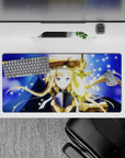 32x16 inches desk mouse pad in midnight blue with star-like flecks, gold shine accents, calm heroic vibe.