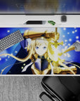 Midnight-blue 40x20 inches anime desk pad with star flecks, navy cloak, and cool icy-blue glow.