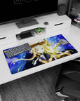 32x16 inches large mouse pad showing an icy-blue-eyed blonde knight holding a glowing sword upright.