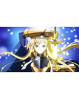Anime girl knight desk pad 40x20 inches with blonde warrior in gold armor and glowing sword.