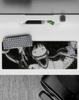 Monochrome anime girl mouse pad 32x12 inches, spooky-cute horror vibe in bold black and pale tones.