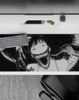 36x16 inches monochrome desk pad, bold black-and-white spooky cute vibe with smoky ribbon shadows.