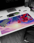 40x20 inches anime girl desk pad showing four fierce heroines in formation, hair streaming, armor accents.