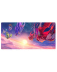 32x16 inches anime girl mouse pad with four heroines diving through sunset clouds, gold trim and armor.