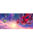 36x16 inches anime girl desk pad with four heroines diving through sunset clouds, gold trim and armor.