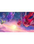 Anime girl desk pad 40x20 inches with four heroines diving through sunset clouds, star-speckled sky.