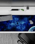 Midnight navy and icy cobalt desk pad 36x16 inches, smoky calm space vibe for late-night setups.