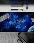 Midnight navy and icy cobalt desk pad 40x20 inches, calm cosmic blues with soft cloudy texture for late nights.