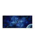 Deep space nebula desk mouse pad 28x12 inches with swirling clouds, midnight navy backdrop, and planet.