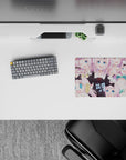 Pastel pink anime mouse pad 14x10 inches with soft blush backdrop and candy-tone hair, cute chaos vibe.