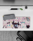 28x12 inches pastel pink desk mouse pad with blush background, candy hair tones, and playful chaotic vibes.