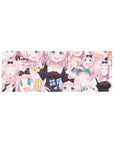 Pink chibi anime girl mouse pad 32x12 inches with cute faces, doodles, and playful desk mat art.