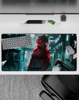 Teal neon rain vibe with red glitch lines and silver-haired anime art mouse pad, 32x16 inches.
