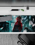 Teal neon and red glitch accents anime desk pad 36x16 inches, rainy night vibe on glassy streets.