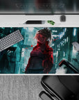 Moody neon rain desk mat 40x20 inches in teal and crimson glow, silver-haired anime portrait on glassy streets.