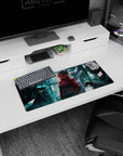 Silver-haired anime girl in open cropped jacket on neon rainy street desk mouse pad 28x12 inches.