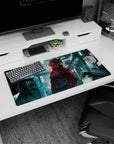 Silver-haired anime girl in cropped jacket on glassy neon streets desk mat, 32x16 inches.