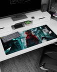 Silver-haired anime girl in cropped jacket on 36x16 inches desk pad, cool stare under neon signs.