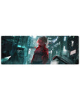 Cyberpunk anime girl mouse pad 32x12 inches with silver-haired beauty, neon city street backdrop.
