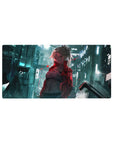 Cyberpunk anime girl mouse pad with neon city backdrop and holographic glitch accents, 32x16 inches.