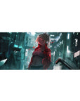 Cyberpunk anime girl desk pad 36x16 inches with silver-haired heroine, neon city street backdrop.