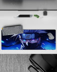 Anime mouse pad 32x12 inches featuring Kakashi Hatake from Naruto, showcasing his Sharingan in a midnight blue theme.