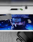 Anime desk pad featuring Kakashi Hatake from Naruto, 36x16 inches, with Sharingan and lightning effect on midnight blue.