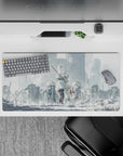 Misty gray fantasy anime mouse pad 32x16 inches, soft light, gold-trim cloak, calm dark vibe.