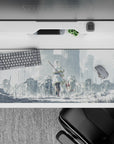 36x16 inches anime desk pad in misty gray tones and soft light, calm dark fantasy vibe with gold trim.