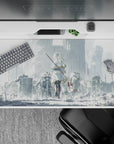 Misty gray fantasy desk pad 40x20 inches, soft light, gold-trim cloak, calm dangerous anime vibe.