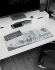 32x12 inches anime girl mouse pad showing lone silver-haired girl with staff walking past scattered armor and spears.