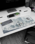 36x16 inches extended mouse pad showing lone white-cloaked girl walking past scattered armor and spears.