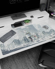 Silver-haired girl in white cloak dress walks past scattered armor and spears, desk pad 40x20 inches.