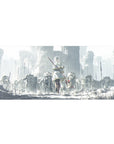 36x16 inches anime girl desk pad with silver-haired mage in ruined stone kingdom, staff with red gem.
