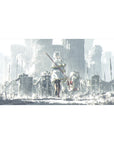 Anime girl desk pad 40x20 inches with silver-haired mage in ruined stone kingdom, staff and red gem.