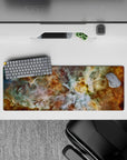 Cosmic nebula desk mouse pad 32x12 inches with teal, gold, and white swirls for stylish workspace decor.