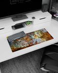 Large 28x12 inch mouse pad with dreamy nebula print in teal, gold, and white tones for elegant desk décor.
