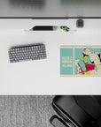 14x10 inches anime mouse pad in mint teal and cream with red-yellow armor accents, nostalgic vibe.