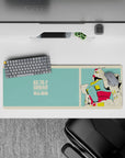 Mint teal, cream, red-yellow mecha accents on a crisp nostalgic anime mouse pad, 32x12 inches.