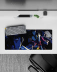 Noir cool 28x12 mouse pad with deep shadows, neon accents, and Spike, Faye, Jet, and Ed for a bounty hunter-inspired, high-cool desk atmosphere