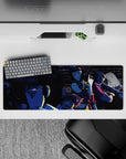 Noir vibe 32x12 mouse pad with Spike, Faye, Jet, and Ed in deep shadows and neon highlights, perfect for a high-cool, Cowboy Bebop-inspired desk