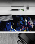 Noir vibes 36x16 desk pad with Spike, Faye, Jet, and Ed, captured in deep shadows with neon accents, exuding an unshakable coolness for your workspace